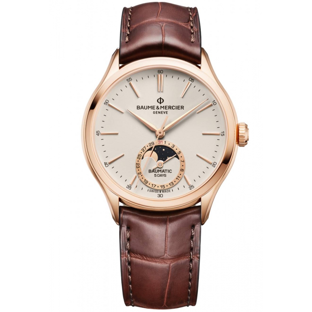 Baume & Mercier Clifton 10736 Automático Fase Lunar ∅39 mm - 50 M, Esfera blanco roto, correa marrón