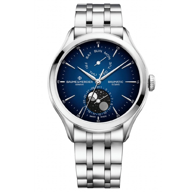 Baume & Mercier Clifton 10725 Automático Fase Lunar y Fecha ∅42 mm - 50 M, Esfera azul, brazalete de acero