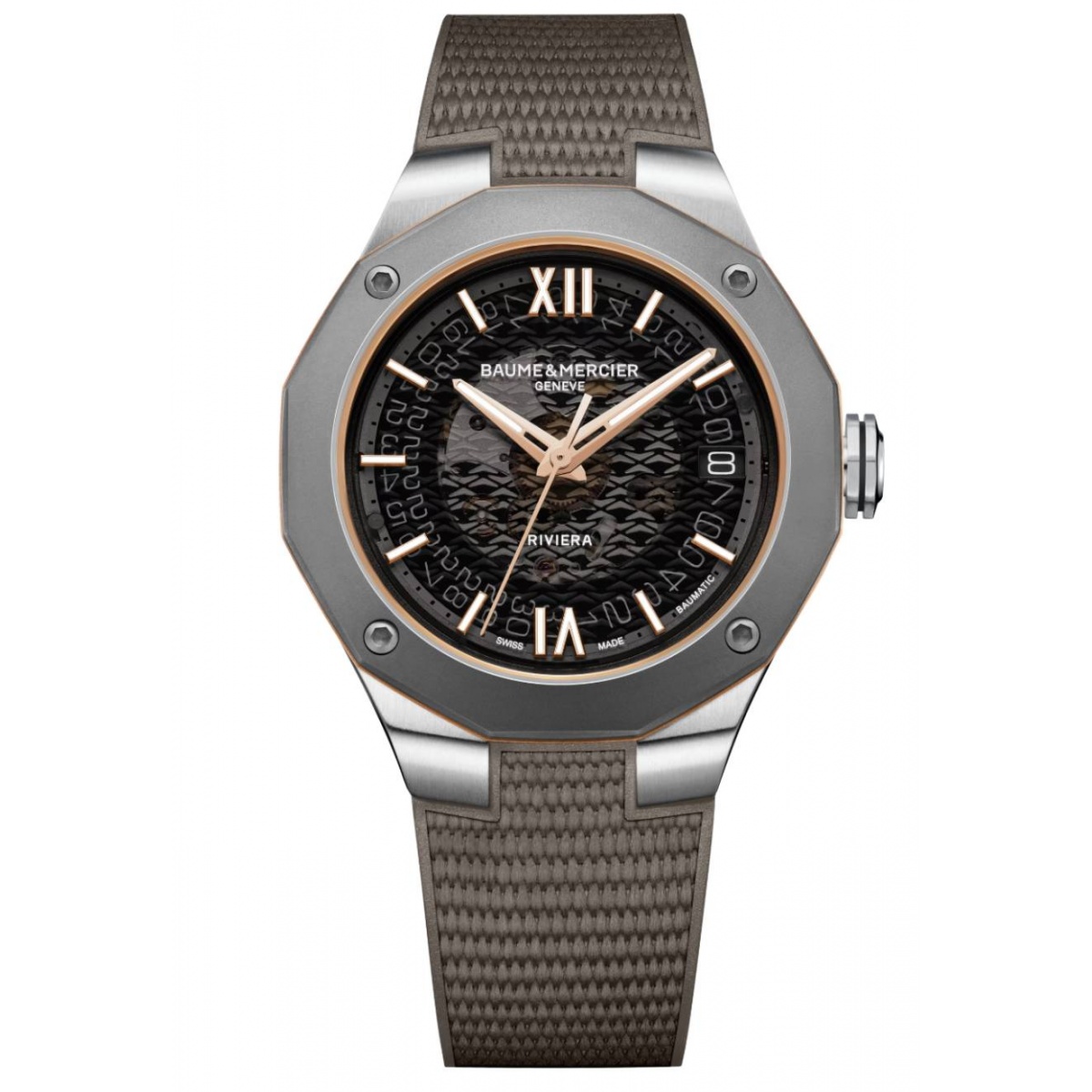 Baume & Mercier Riviera 10720 Acero y Titanio Automático ∅39 mm - 100 M, Esfera gris, caucho marrón