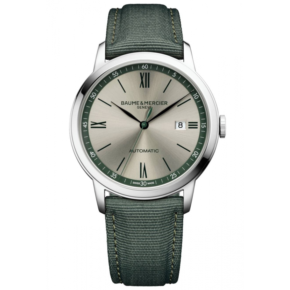 Baume & Mercier Classima 10696 Automático ∅42 mm - 50 M, Esfera plateada, Correa de lona verde