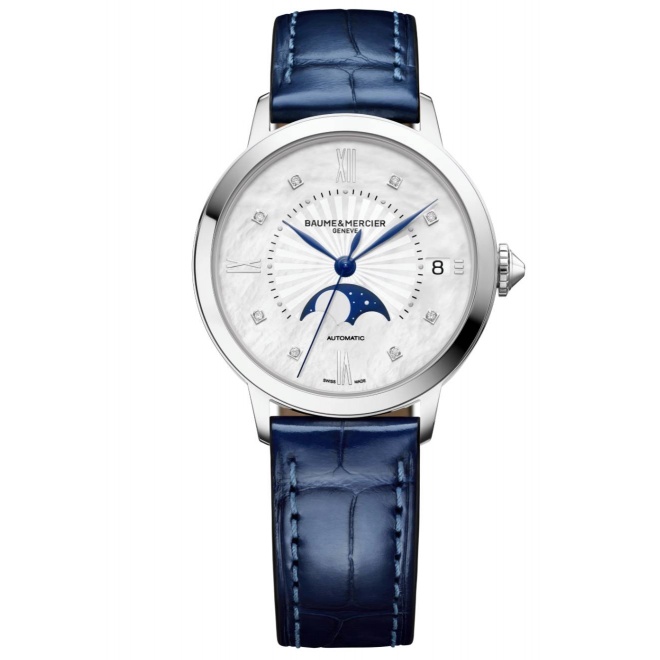 Baume & Mercier Clasima 10633 Cuarzo, Fase lunar, diamantes ∅34 mm - 50 M, Esfera nácar, correa azu