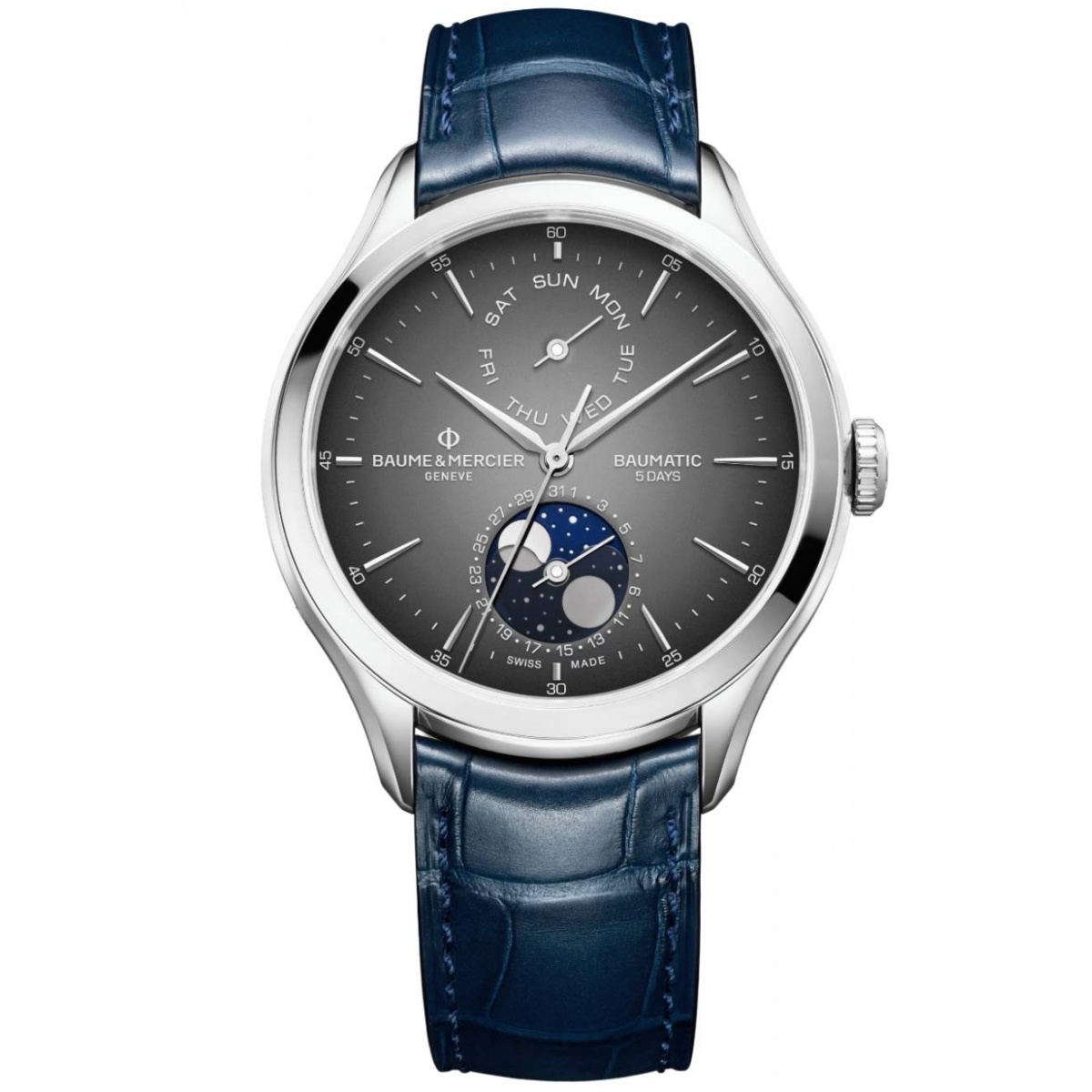 Baume & Mercier Clifton 10548 Automático Con día, fecha y Fase Lunar ∅42 mm - 50 M, Esfera gris, correa azul