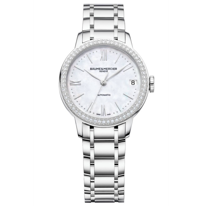 Baume & Mercier Classima 10479 Automátuci Engastado con diamantes ∅31 mm - 50 M, Esfera blanca, Brazalete de acero