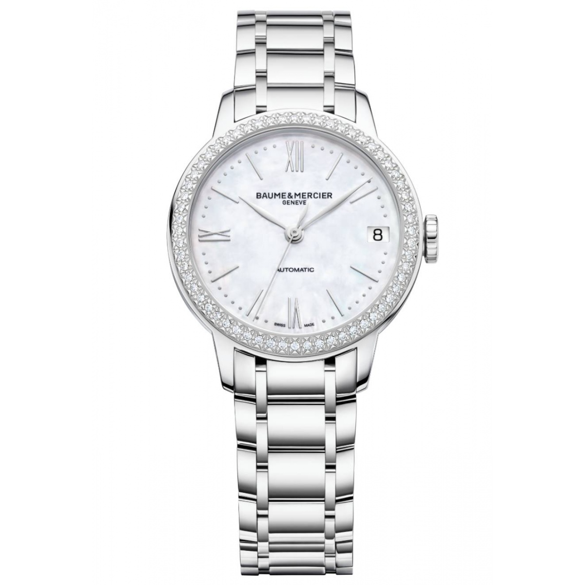 Baume & Mercier Classima 10479 Automátuci Engastado con diamantes ∅31 mm - 50 M, Esfera blanca, Brazalete de acero