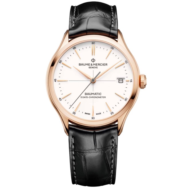Baume & Mercier Clifton 10469 Automático con Certificado COSC, oro roj ∅39 mm - 50 M, Esfera blanca, correa negra