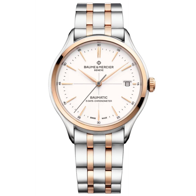 Baume & Mercier Clifton 10458 Automático con Certificado COSC ∅40 mm - 50 M, Esfera blaca, brazalete de acero y oro rosa