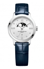 Baume & Mercier Classima 10329 Cuarzo, engastado con diamantes con fase lunar ∅31 mm - 50 M, Esfera plateada, correa azul