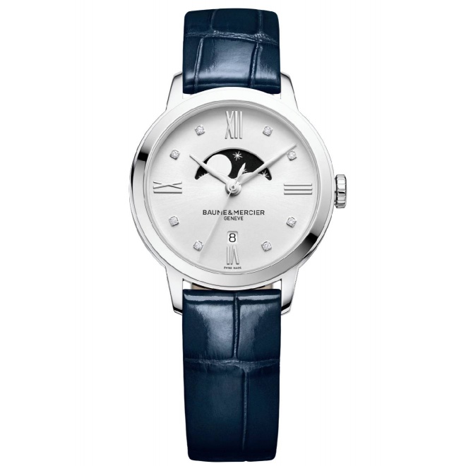 Baume & Mercier Classima 10329 Cuarzo, engastado con diamantes con fase lunar ∅31 mm - 50 M, Esfera plateada, correa azul