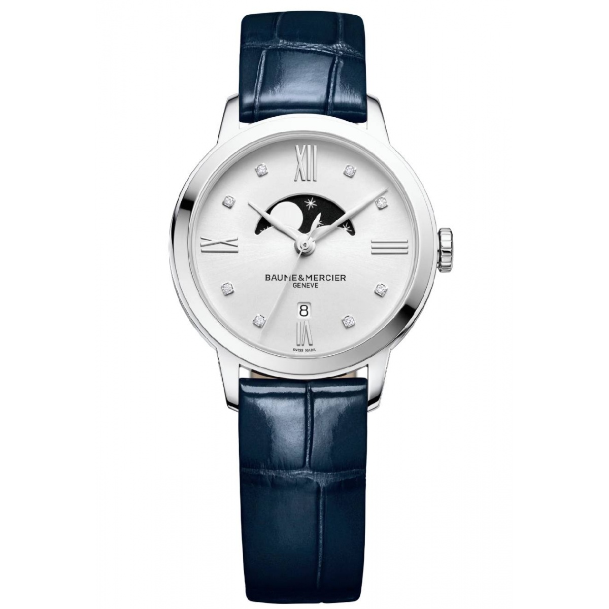 Baume & Mercier Classima 10329 Cuarzo, engastado con diamantes con fase lunar ∅31 mm - 50 M, Esfera plateada, correa azul