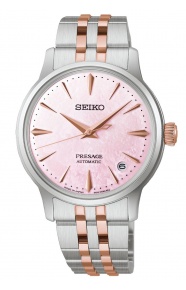 Seiko Presage Cocktail Sakura Aviation Ltd Ed ∅34 mm - 5 ATM, Esfera rosa indices, brazalete de acero y oro rosa