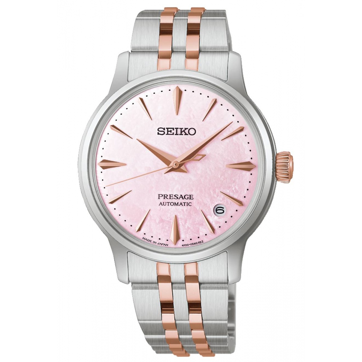Seiko Presage Cocktail Sakura Aviation Ltd Ed ∅34 mm - 5 ATM, Esfera rosa indices, brazalete de acero y oro rosa