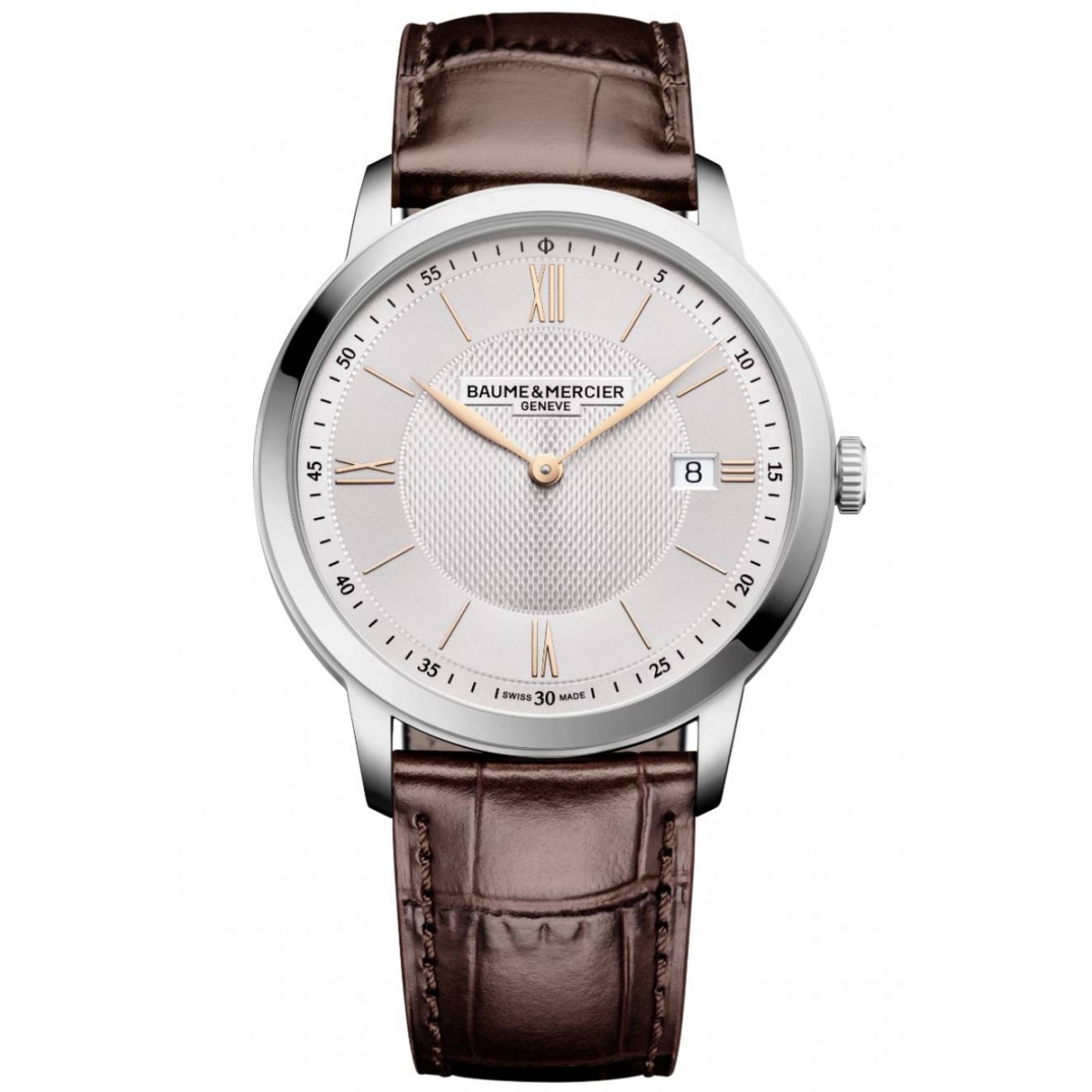 Baume & Mercier Classima 10884 Cuarzo, Fecha ∅40 mm - 50 M, Esfera blanca, correa marrón