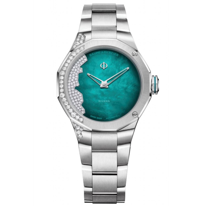 Baume & Mercier Riviera 10868 Automático, Diamantes ∅33 mm - 50 M, Esfera verde, brazalete de acero