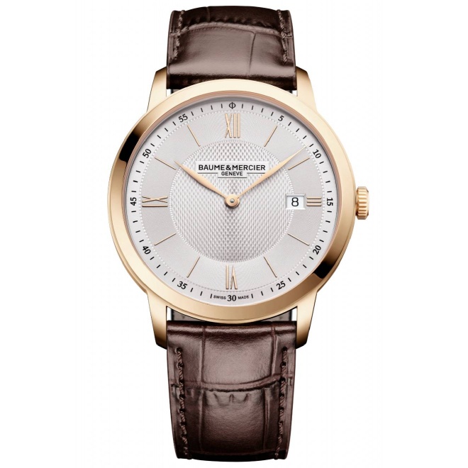 Baume & Mercier Classima 10857 Cuarzo, Fecha ∅40 mm - 50 M, Esfera plateada, correa marrón