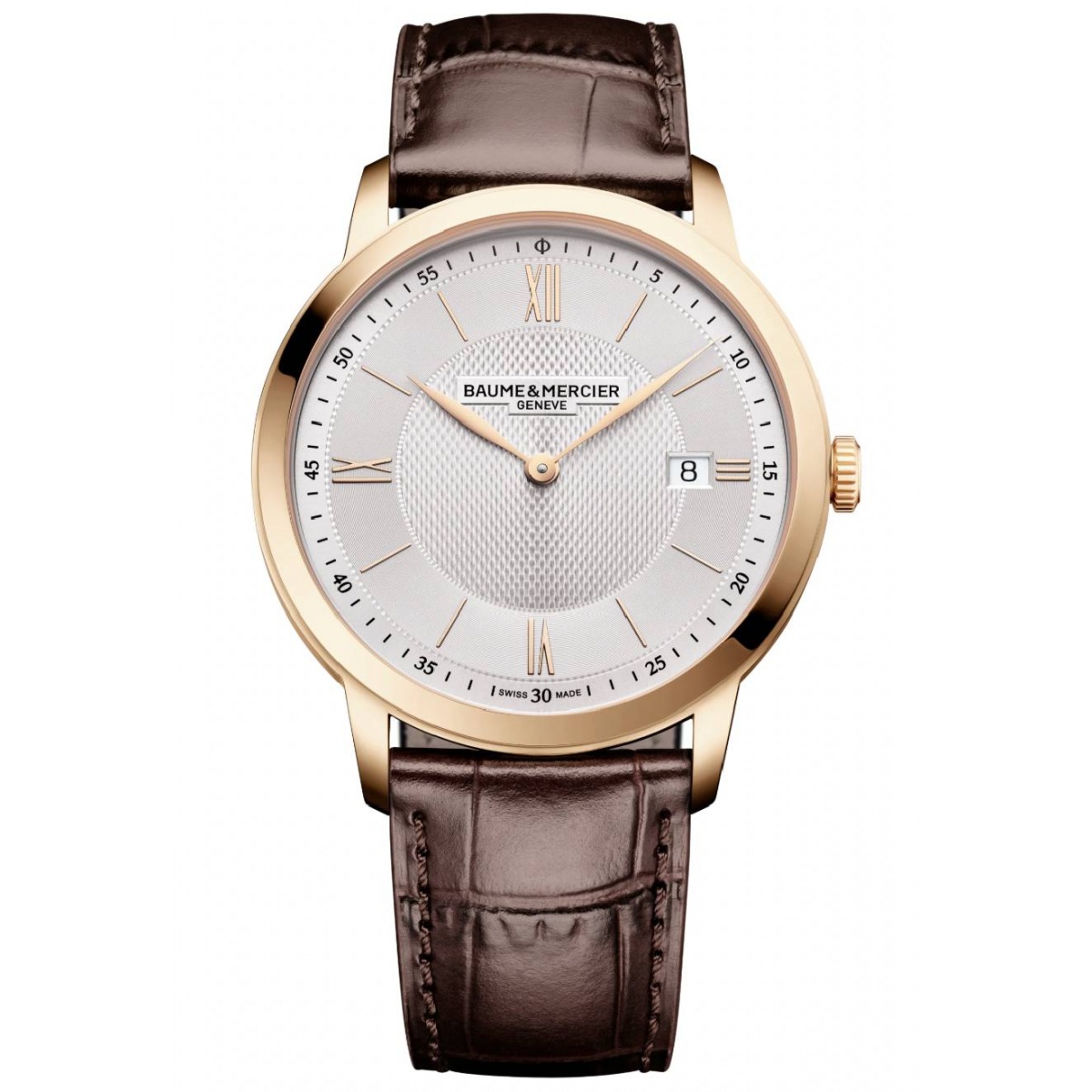 Baume & Mercier Classima 10857 Cuarzo, Fecha ∅40 mm - 50 M, Esfera plateada, correa marrón