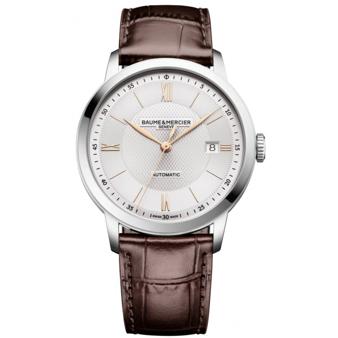 Baume & Mercier Classima 10853 Automático, Fecha ∅40 mm - 50 M, Esfera plateada, correa marrón
