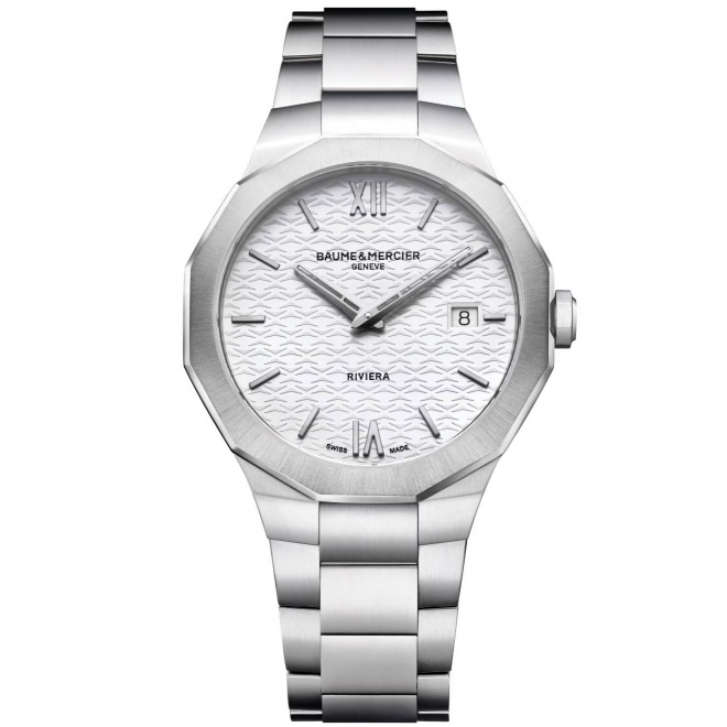 Baume & Mercier Riviera 10845 Cuarzo, Fecha ∅39 mm - 50 M, Esfera blanco, brazalete de acero