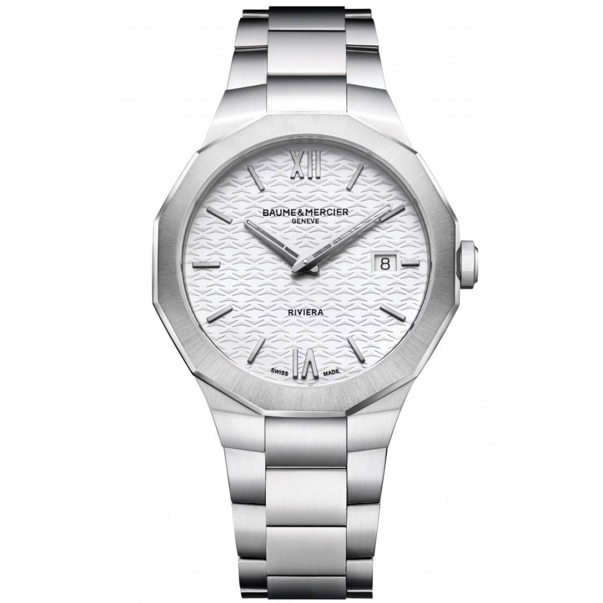 Baume & Mercier Riviera 10845 Cuarzo, Fecha ∅39 mm - 50 M, Esfera blanco, brazalete de acero