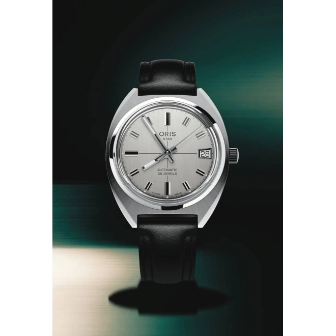 Oris Heritage Star Edition ∅35 mm - 5 ATM, Esfera gris, brazalete de piel negra