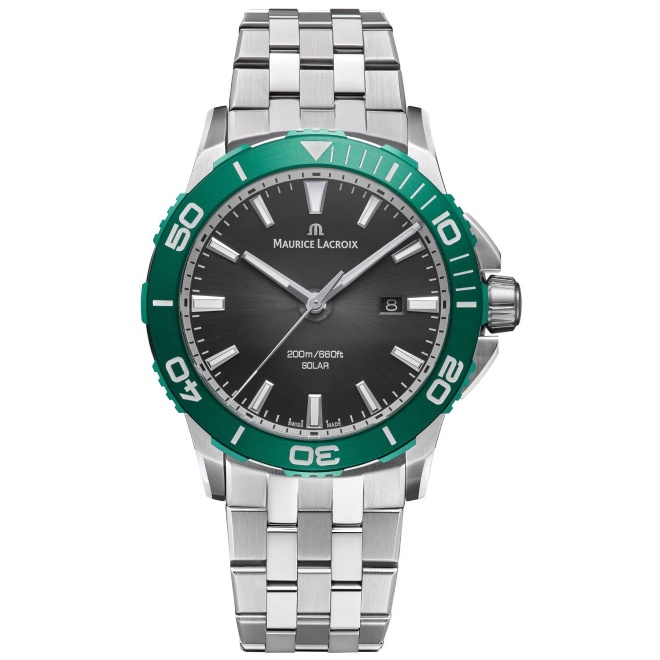 Maurice Lacroix PONTOS S Diver Solar 41mm ∅41 mm - 200 M, Esfera negra, bisel verde, brazalete de acero