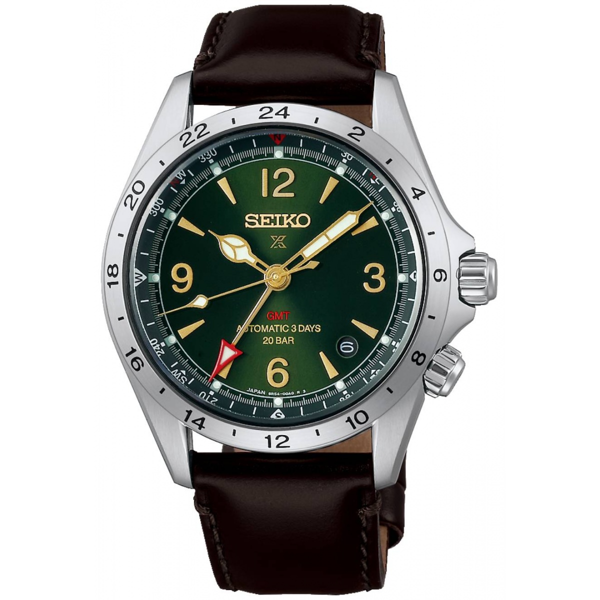 Seiko Prospex Alpinist Mechanical GMT Verde ∅39,5 mm - 200M, Esfera verde, brazalete de piel marrón