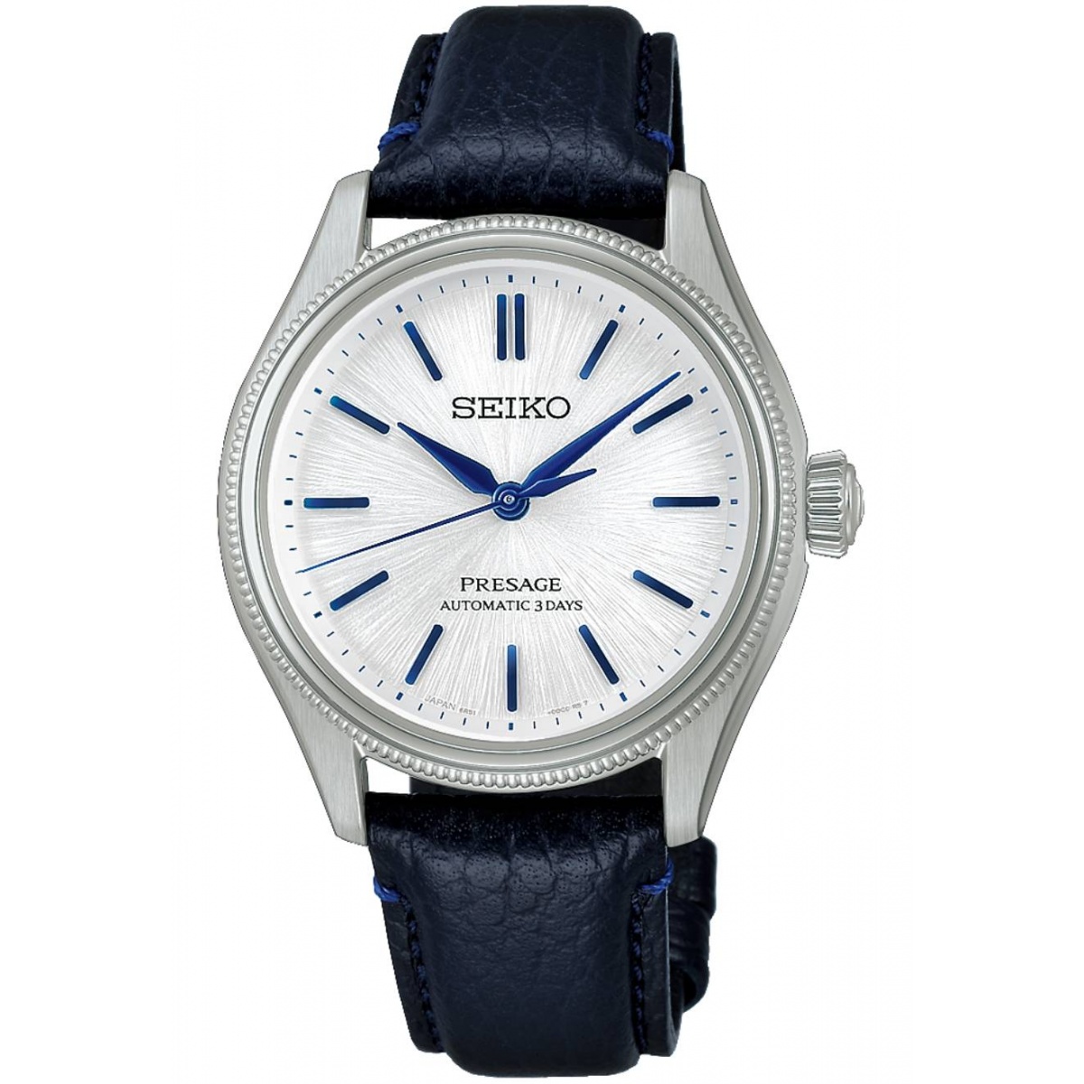Seiko Presage Classic Esfera Shironeri 145º EL ∅36 mm - 100M, Esfera blanca, brazalete de piel azul