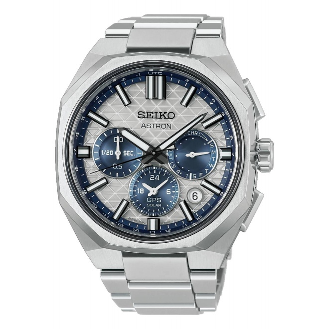 Seiko Astron GPS Solar 5X63 Crono 145º EL ∅43,4 mm - 100M, Esfera plateada y azul, brazalete de titanio