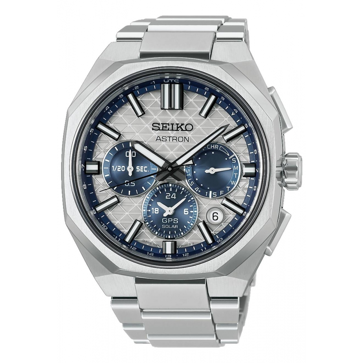 Seiko Astron GPS Solar 5X63 Crono 145º EL ∅43,4 mm - 100M, Esfera plateada y azul, brazalete de titanio