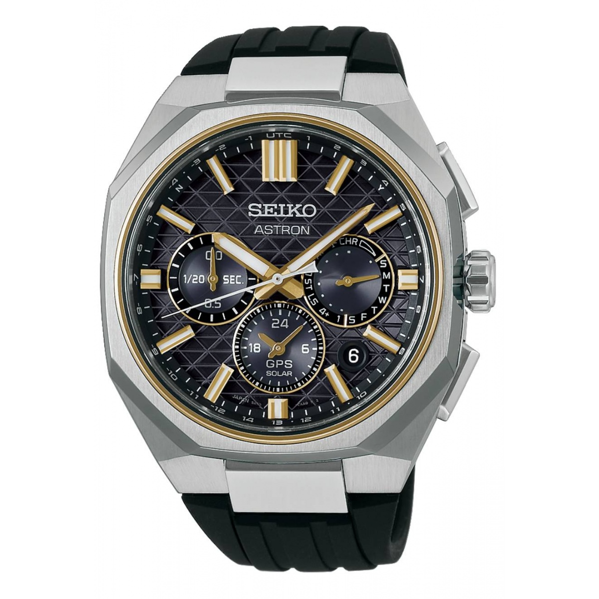 Seiko Astron Solar 5X63 Crono Silicona Gris ∅43,4 mm - 100M, Esfera negra, brazalete de caucho