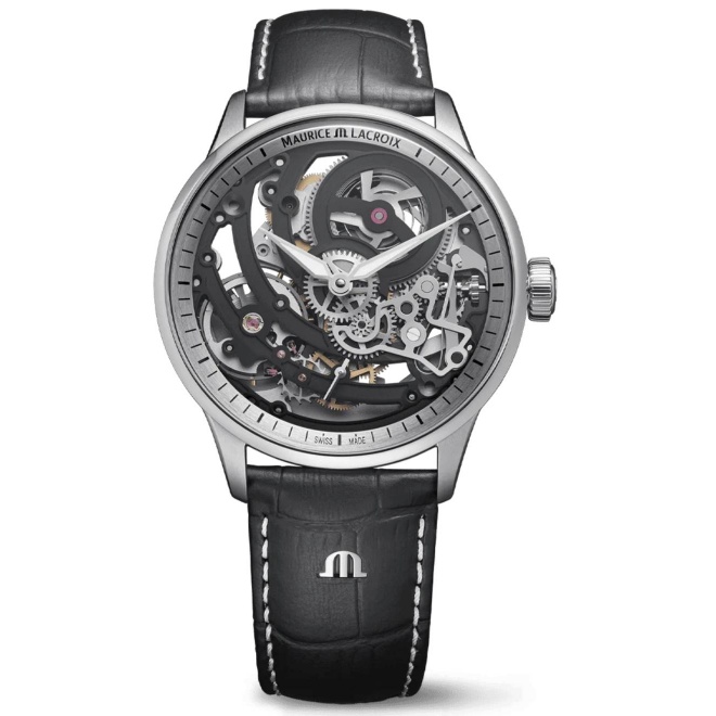 Maurice Lacroix 1975 Master Skeleton ∅43 mm - 5 ATM, Esfera negra, correa de piel negra