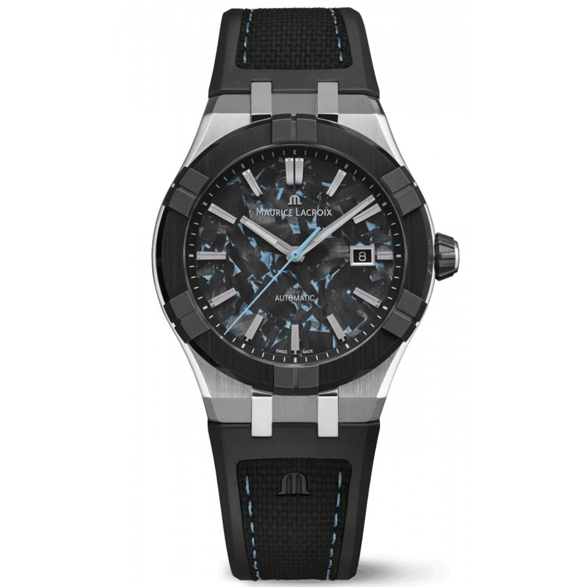 Maurice Lacroix Aikon-IC Frozen Carbon ∅43 mm - 10 ATM, Esfera negra y azul, caucho.