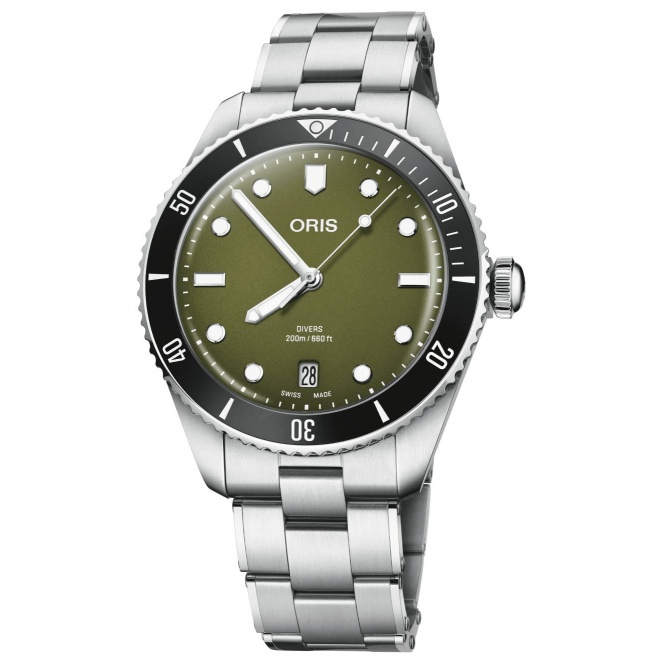 Oris Divers Date ∅39 mm - 20 BAR, Esfera verde, brazalete de acero y correa adicional de caucho negro