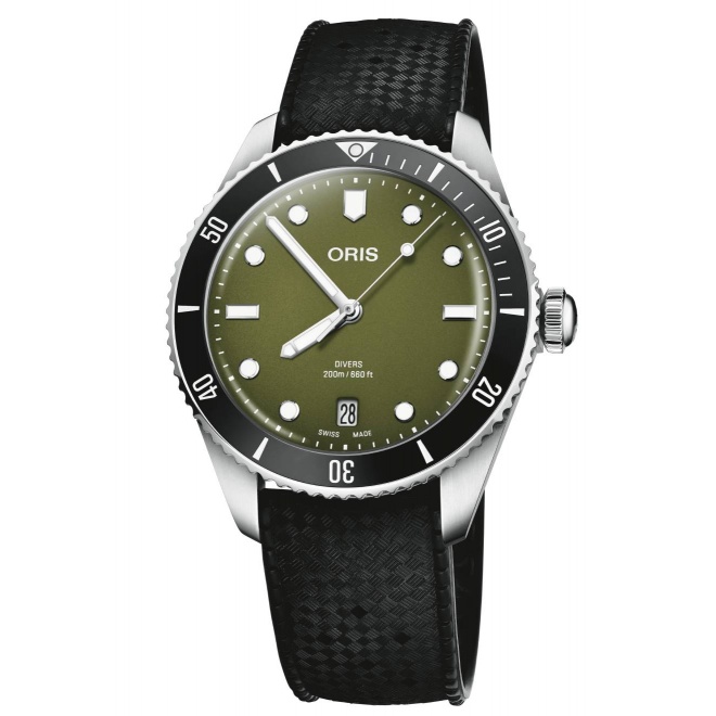 Oris Divers Date ∅39 mm - 20 ATM, Esfera verde, brazalete de acero, correa adicional de caucho negro