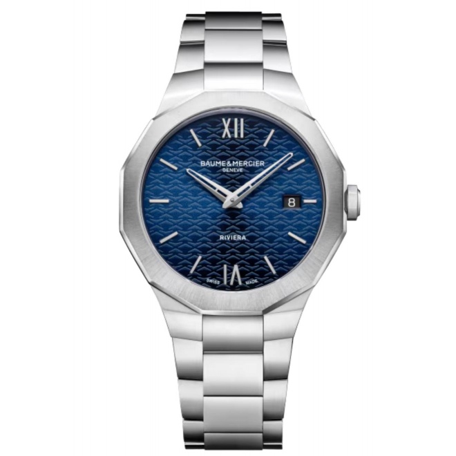 Baume & Mercier Riviera 10844 Cuarzo, Fecha ∅39 mm - 5 ATM, Esfera azul, brazalete de acero