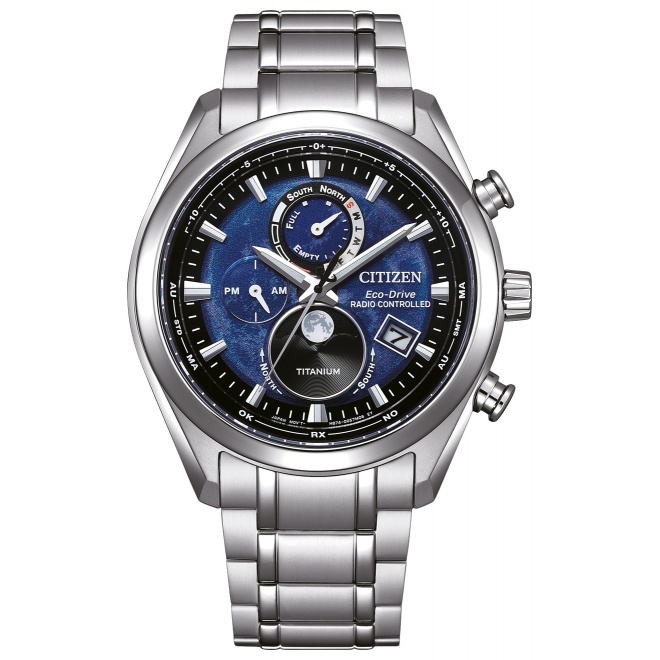 Citizen Tsuki-yomi Moon Phase ∅43 mm - 10 ATM, Esfera azul, brazalete de super titanium duratect sólido