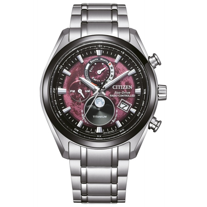 Citizen Tsuki-yomi Moon Phase ∅43 mm - 10 ATM, Esfera roja, brazalete de super titanium duratect sólido