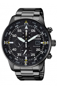 Citizen Aviator Crono ∅44 mm - 10 ATM, Esfera negra, brazalete de acero IP black
