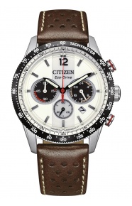 Citizen Chrono Racing ∅39,9 mm - 10 ATM, Esfera blanca, correa de piel pespunteada tipo “racing”