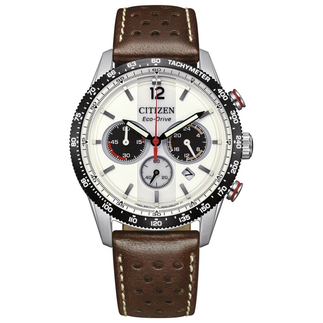 Citizen Chrono Racing ∅39,9 mm - 10 ATM, Esfera blanca, correa de piel pespunteada tipo “racing”