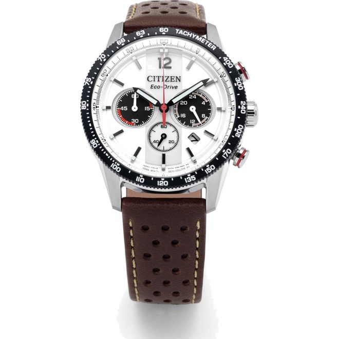Citizen Chrono Racing ∅39,9 mm - 10 ATM, Esfera blanca, correa de piel pespunteada tipo “racing”