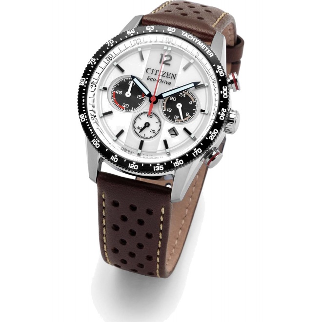 Citizen Chrono Racing ∅39,9 mm - 10 ATM, Esfera blanca, correa de piel pespunteada tipo “racing”