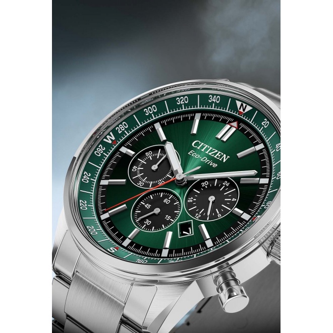 Citizen Chrono Pilot ∅42 mm - 10 ATM, Esfera verde, brazalete de acero