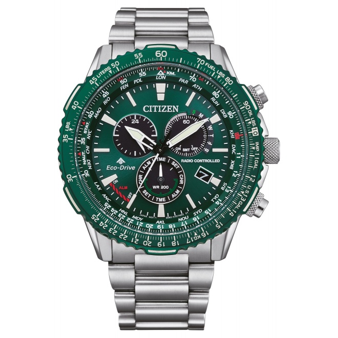 Citizen Crono Pilot Acero ∅45,9 mm - 20 ATM, Esfera verde, brazalete de acero