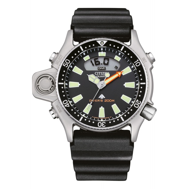Citizen Aqualand I ∅44 mm - 8 ATM, Esfera negra, correa de caucho