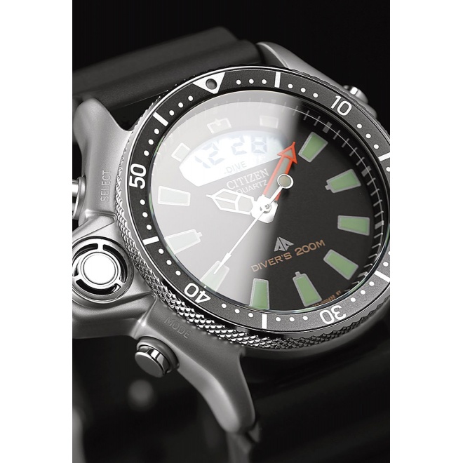 Citizen Aqualand I ∅44 mm - 8 ATM, Esfera negra, correa de caucho