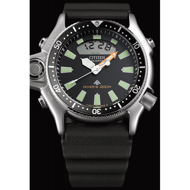Citizen Aqualand I ∅44 mm - 8 ATM, Esfera negra, correa de caucho