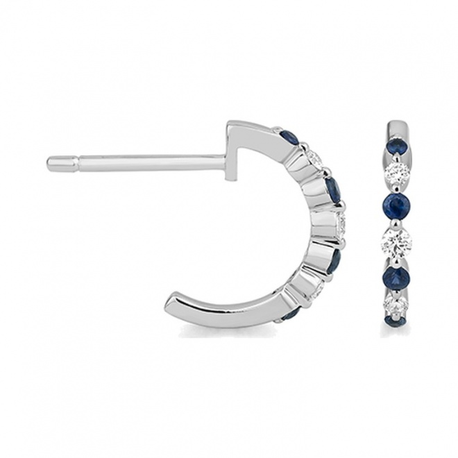 Pendientes Medias criollas de oro blanco de 18 Kt con zafiro azules de 0,19 ct y diamantes de 0,10 ct