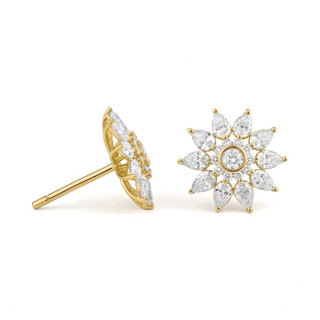 Pendientes Rosetón de oro amarillo de 18 Kt con diamantes talla pera de 1,25 ct