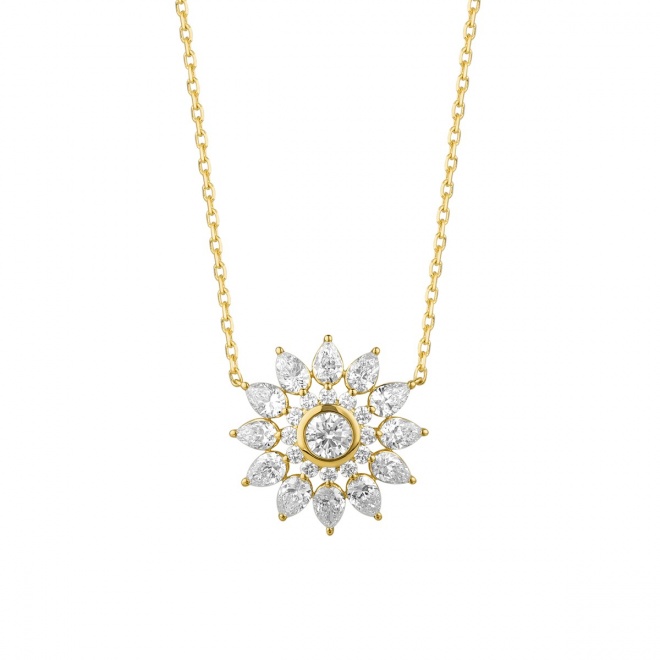 Colgante Rosetón de oro amarillo de 18 Kt con diamantes talla pera de 0,85 ct
