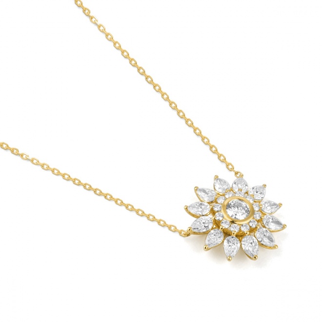 Colgante Rosetón de oro amarillo de 18 Kt con diamantes talla pera de 0,85 ct